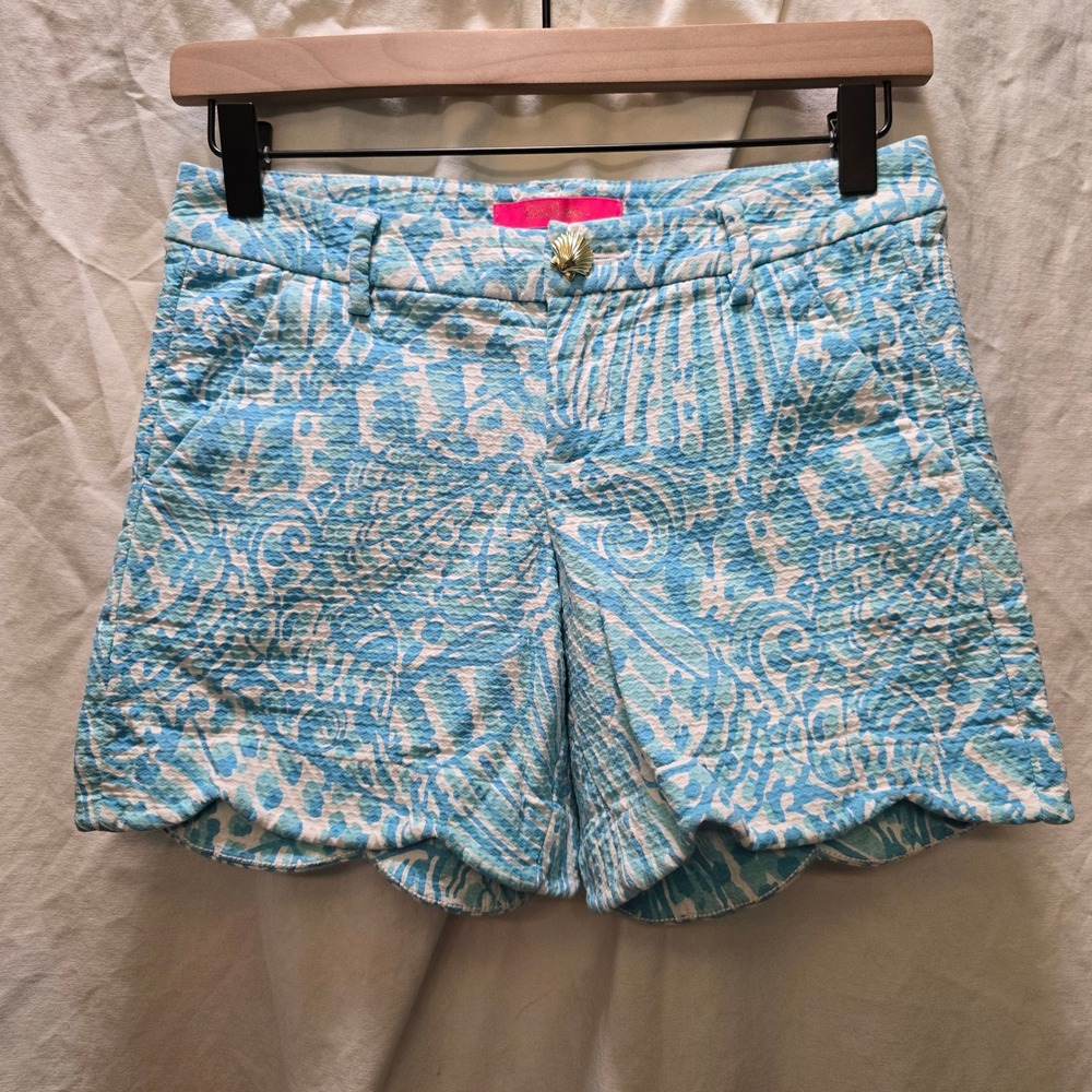 Lilly Pulitzer Palmita Stretch Shorts Scallop Hem Shell Blue White Women's 00